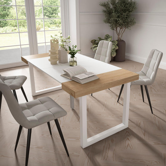 Consolle allungabile, 58 fino 180x90x73cm, Per 8 persone, Gambe in legno, colore Rovere e bianco RF2696