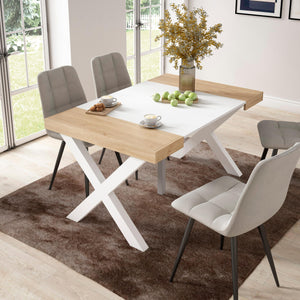 Consolle allungabile, 58 fino 140x90x73cm, Per 6 persone, Gambe in legno, colore Rovere e bianco RF2720