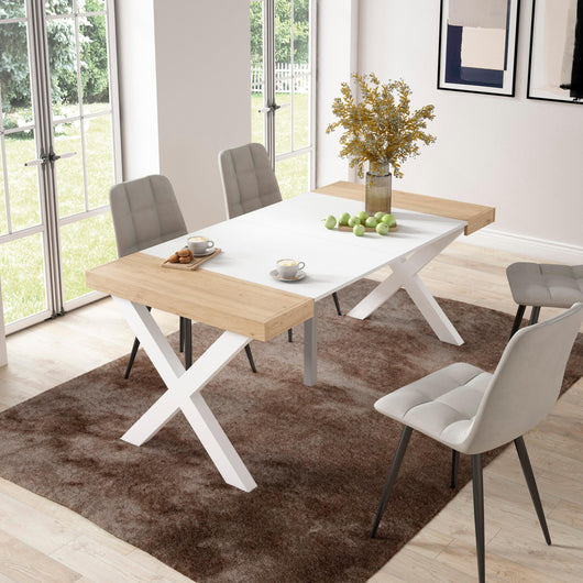 Consolle allungabile, 58 fino 180x90x73cm, Per 8 persone, Gambe in legno, colore Rovere e bianco RF2766