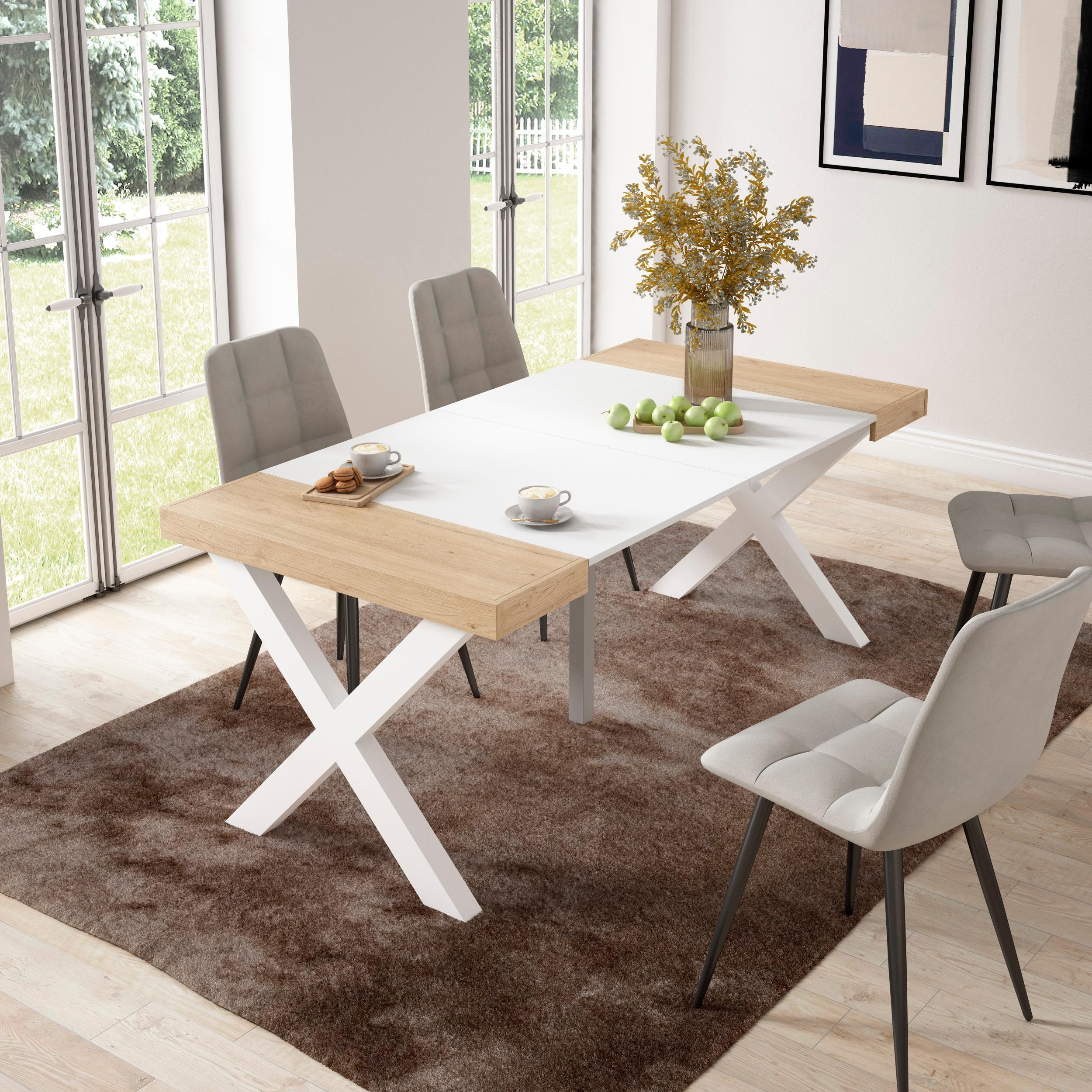 Consolle allungabile, 58 fino 180x90x73cm, Per 8 persone, Gambe in legno, colore Rovere e bianco RF2766