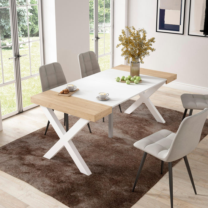 Consolle allungabile, 58 fino 180x90x73cm, Per 8 persone, Gambe in legno, colore Rovere e bianco RF2766