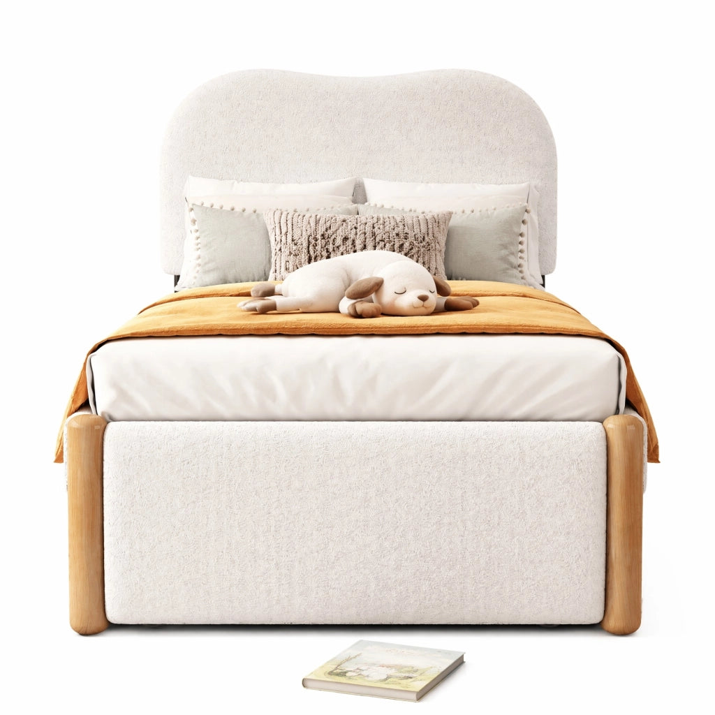 Letto imbottito 90x200 cm con letto estraibile, bianco, struttura in Plush e MDF