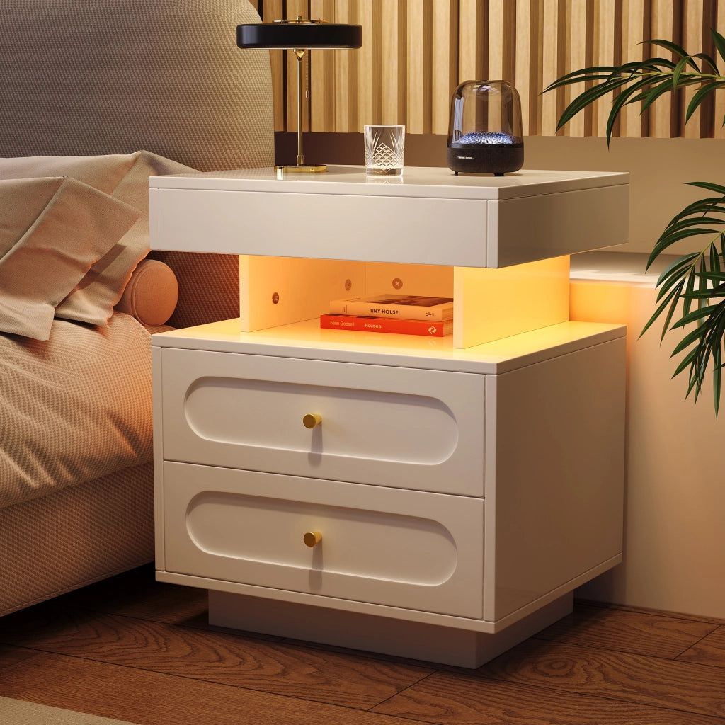 Comodino con LED, 2 cassetti e 1 vano aperto, per camera da letto, in truciolato, bianco, 100 × 40 × 60 cm