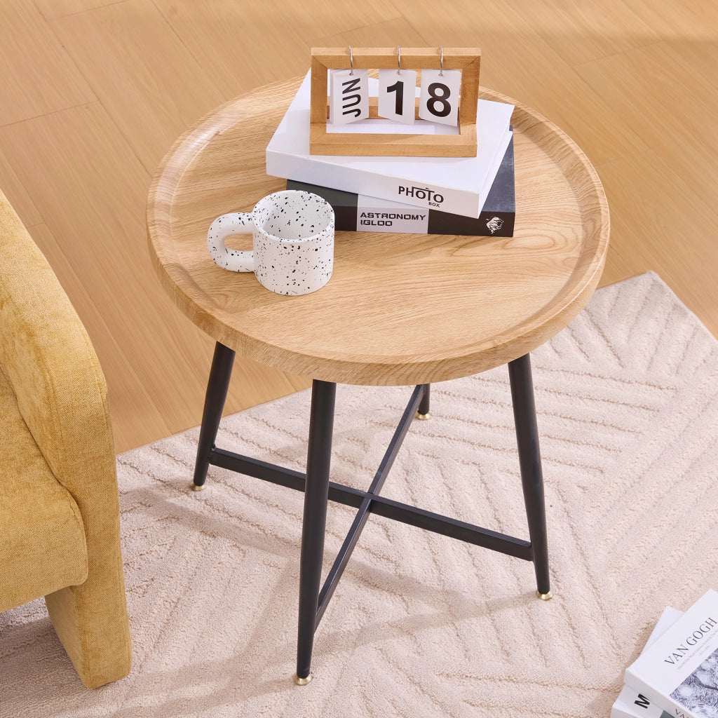 OKWISH Tavolino da Caffè Rotondo con Piano Compatto e Gambe in Metallo Incrociate, per Soggiorno e Camera, MDF, Legno Naturale, 55×55×60 cm