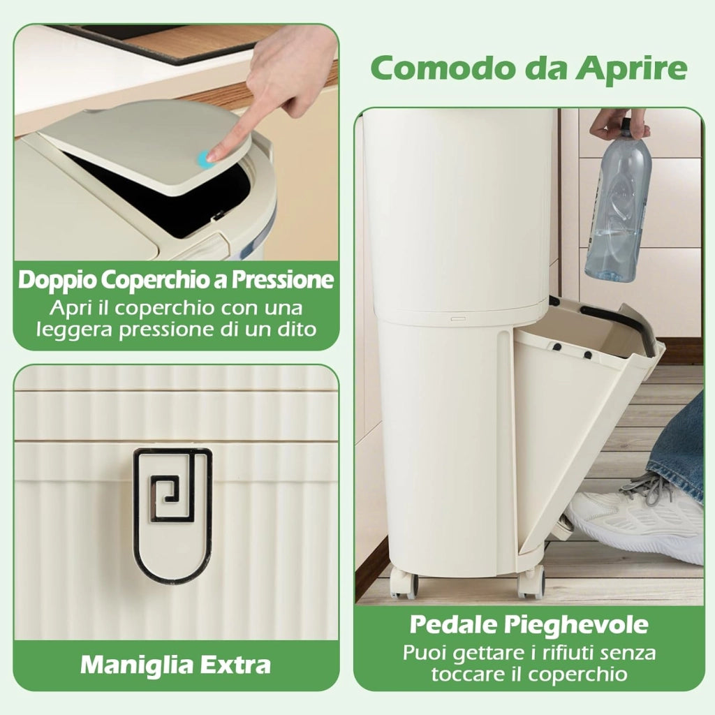 38 L（12+12+14 L） Pattumiera Differenziata, Secchio Spazzatura a 3 Scomparti con Coperchi, 2 Secchi Rimovibili Pedale e Ruote, Bidoni Differenziata per Bagno Cucina Ufficio