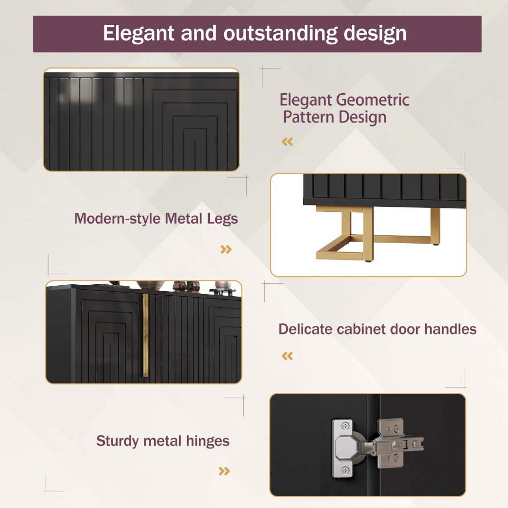 Credenza con 2 ante e 4 ripiani in MDF con piedi in metallo e sistema antiribaltamento nera 152 × 40 × 75 cm