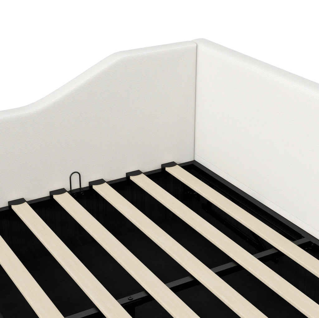 Divano letto imbottito 140x200 cm beige con vano contenitore e doghe