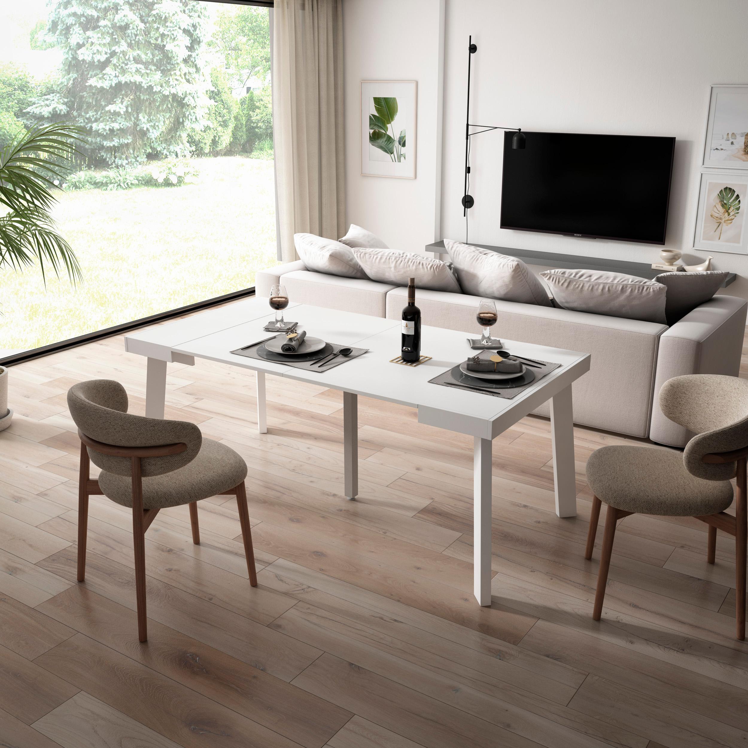 Consolle allungabile, 180x90x73cm, Per 8 persone, Gambe in legno, Bianco RF2992