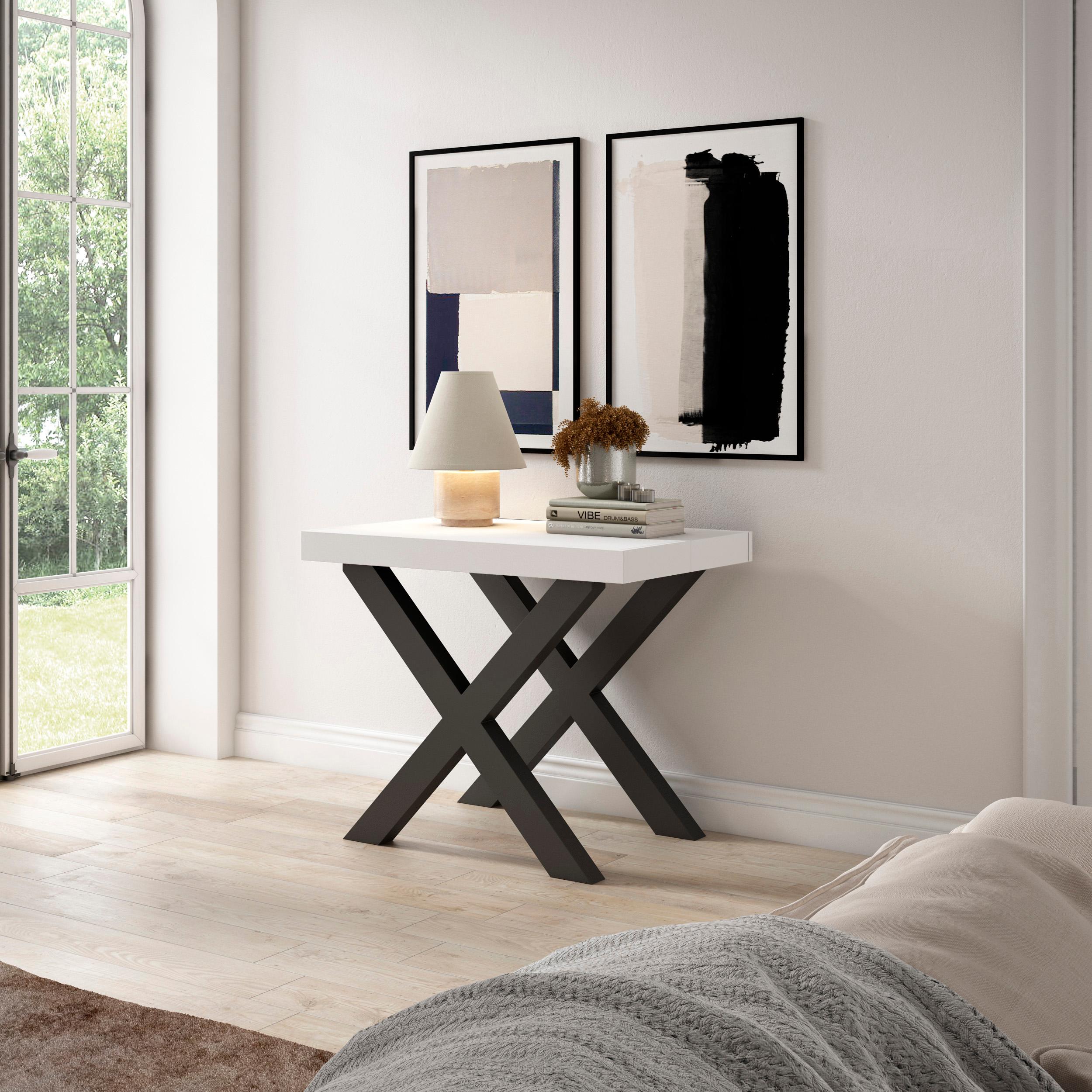 Consolle allungabile, 58 fino 140x90x73cm, Per 6 persone, Gambe in legno, Bianco RF2728