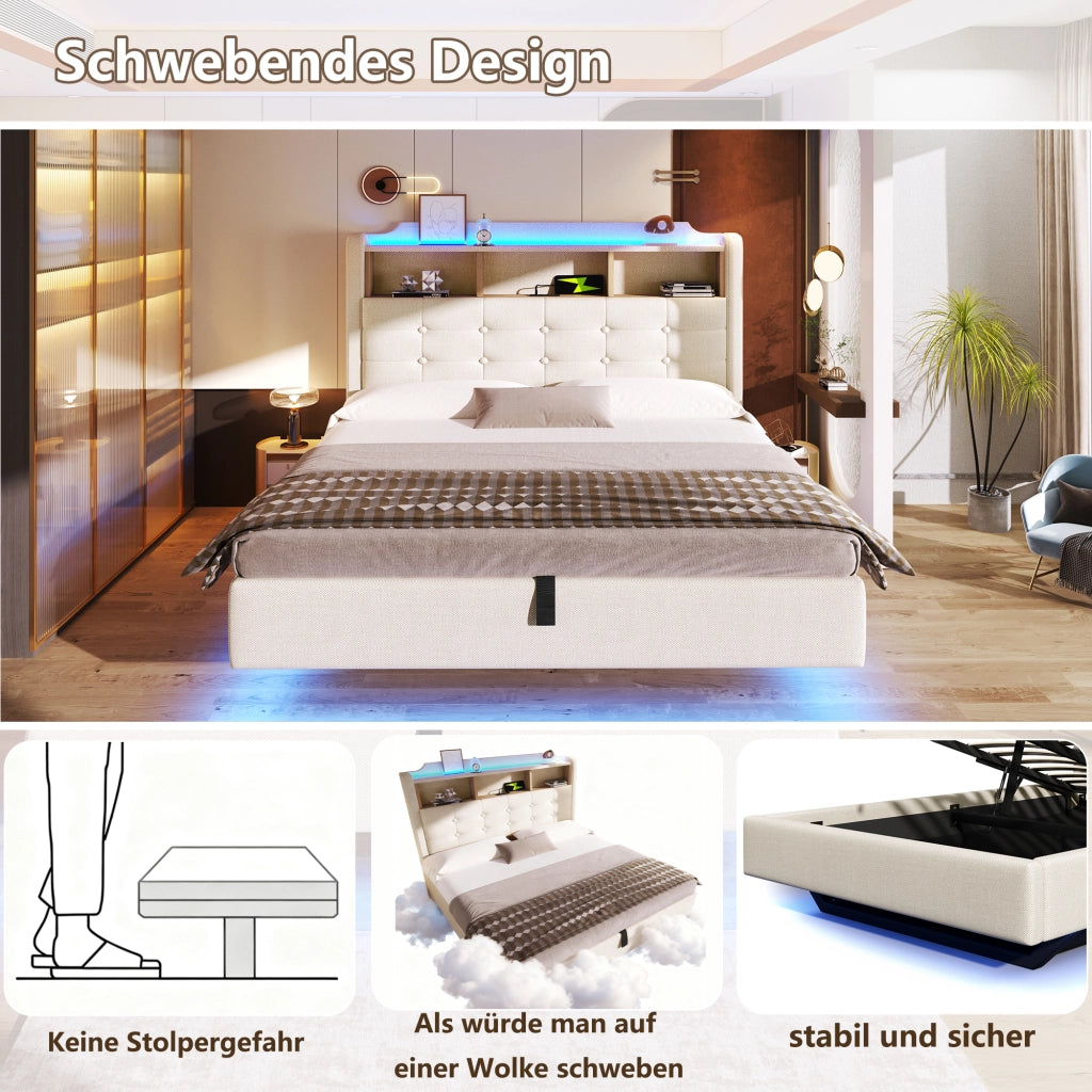 OKWISH Letto Contenitore 140×200 cm, Letto Matrimoniale con LED Regolabile, USB, Tipo C e Vano Idraulico, senza Materasso, in Lino Beige