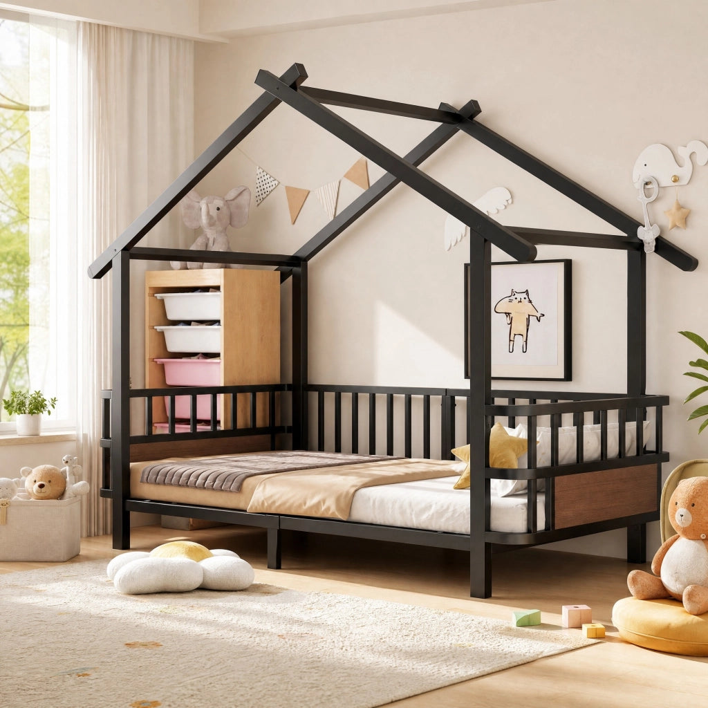 Letto per bambini in metallo a forma di casetta 90x200 cm, con sponde di sicurezza, nero