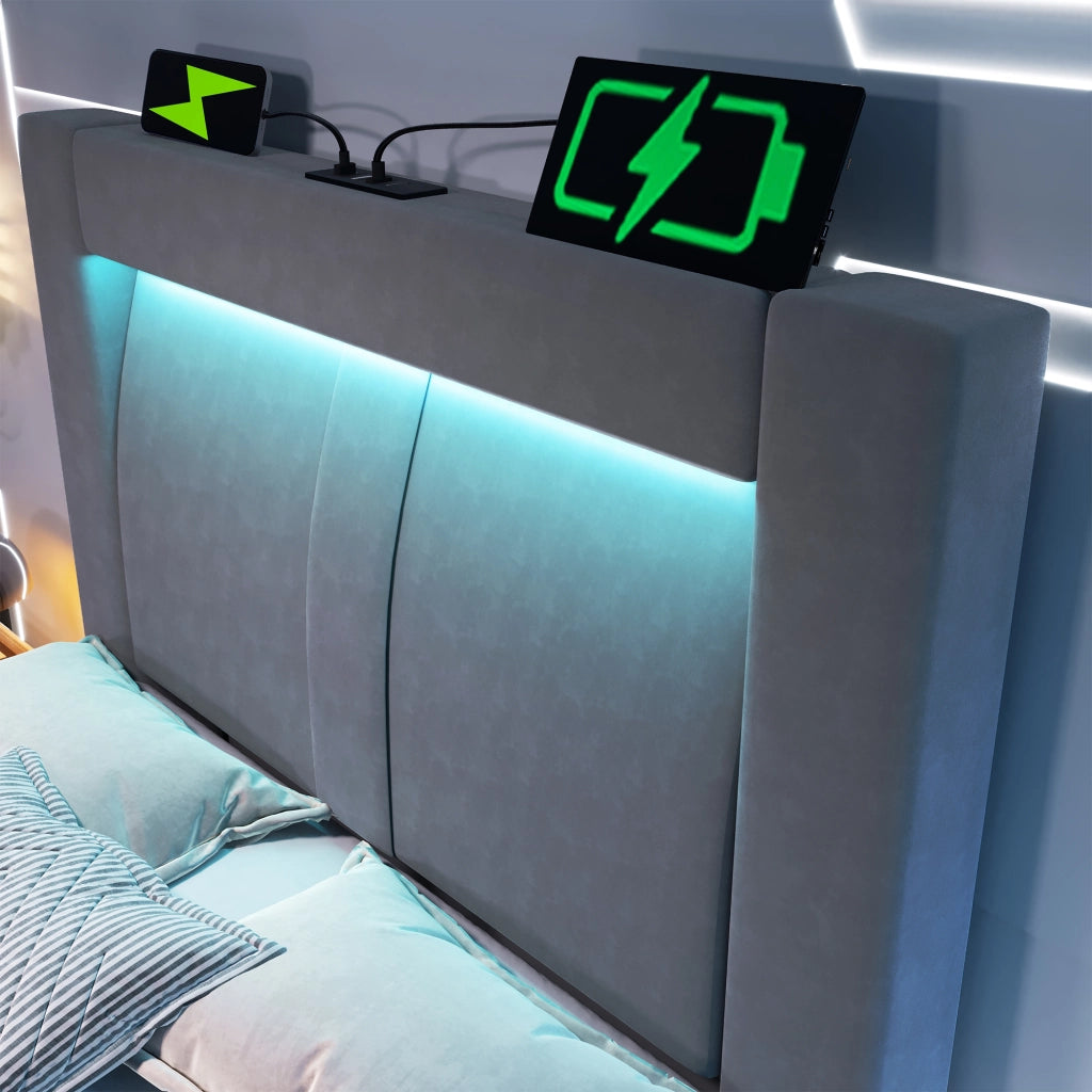 Letto singolo 90x200 cm con contenitore, LED con controllo app, porte USB e Type-C, velluto grigio