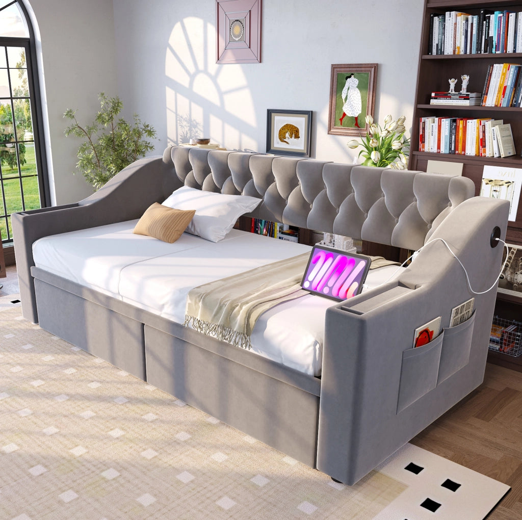 Divano letto imbottito 90x190 cm in velluto grigio chiaro; con 2 cassetti e porte USB/Type-C