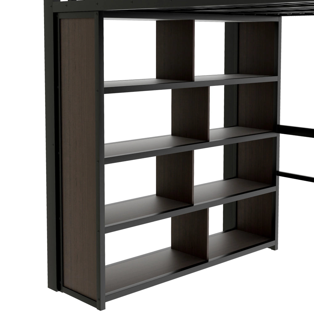 Hochbett con scrivania, ripiani e LED, 140 x 200 cm, nero
