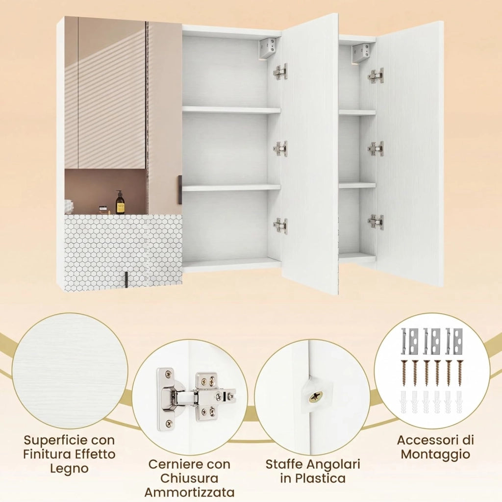Specchio Bagno Contenitore, Mobiletto Salvaspazio da Parete con 3 Ante e 6 Scomparti, Superficie Effetto Legno e Struttura in Legno Robusta per Bagno e Soggiorno, 87 x 65 x 12,5 cm