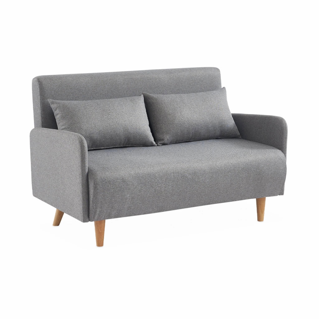 Divano letto clic-clac in tessuto con gambe in legno, 2 posti, grigio