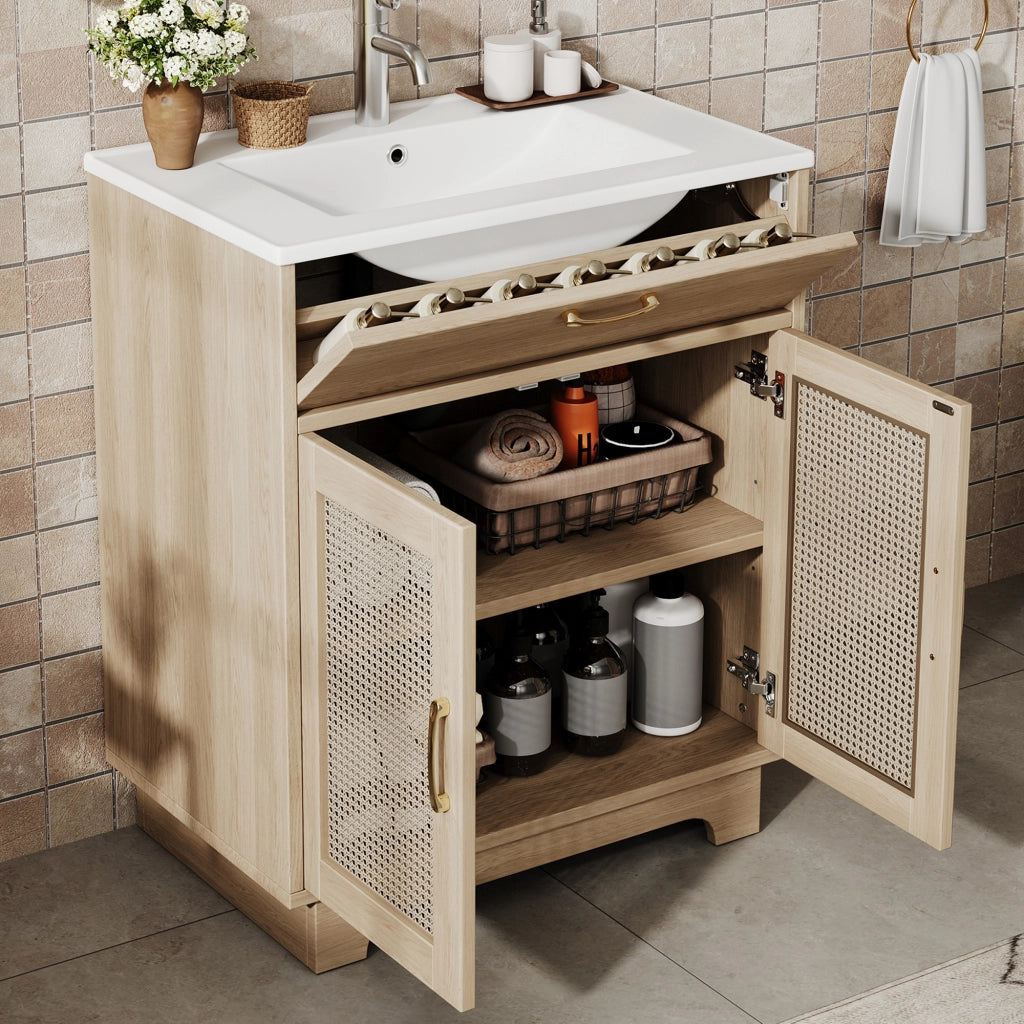 Mobile Sottolavabo con Lavabo in Ceramica ¨C MINIMAL ¨C Naturale, Ante Soft-Close, Cassetto, 76x46x88