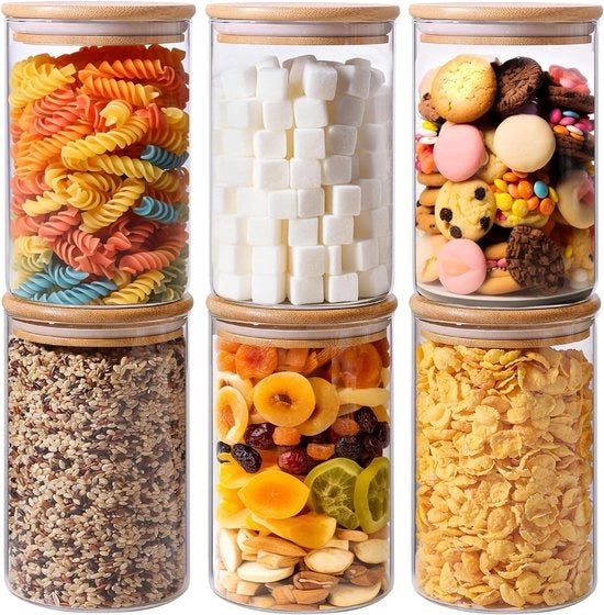 Contenitori di conservazione in vetro da 950 ml - set da 6 - coperchi in bambù - contenitore per conservazione di alimenti - organizzatori di magazzino - contenitore per farina di mais