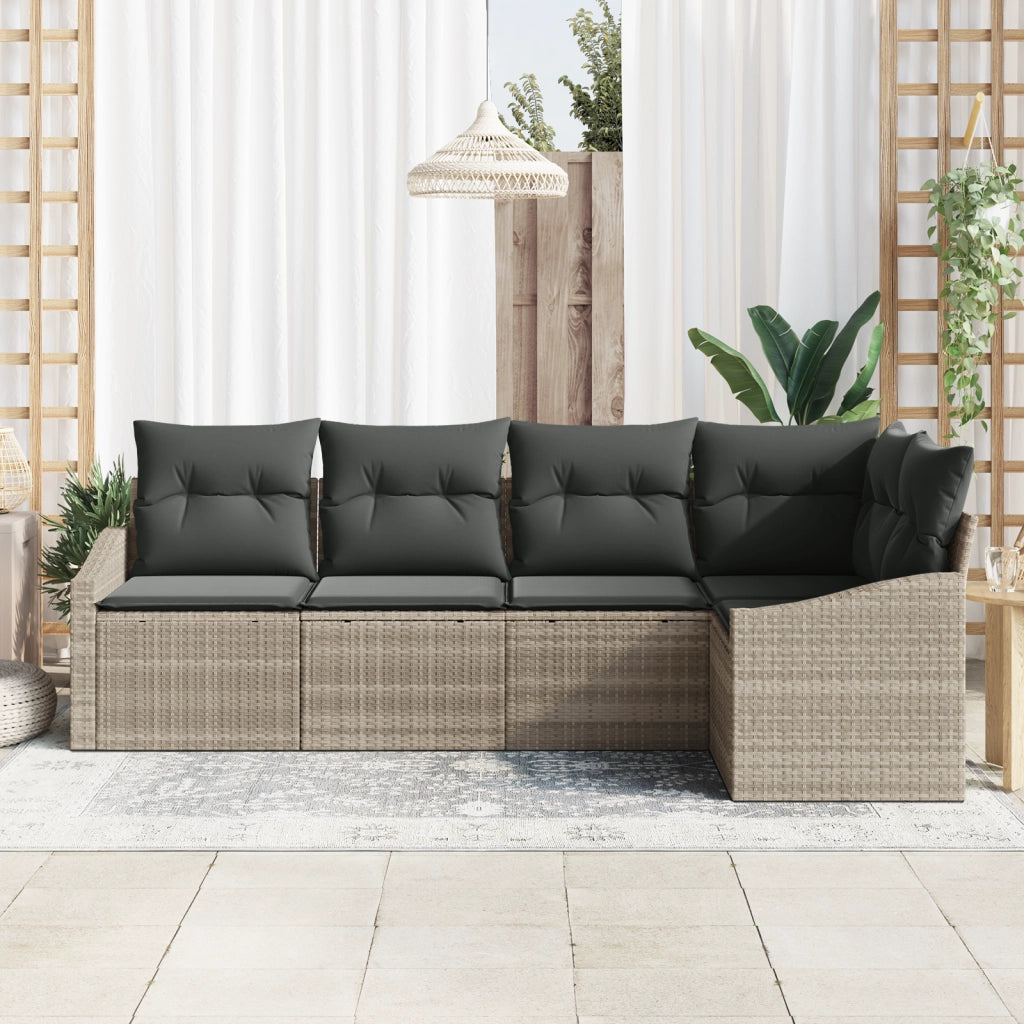 Set da pranzo da giardino 5 pezzi con cuscini grigio chiaro in polyrattan