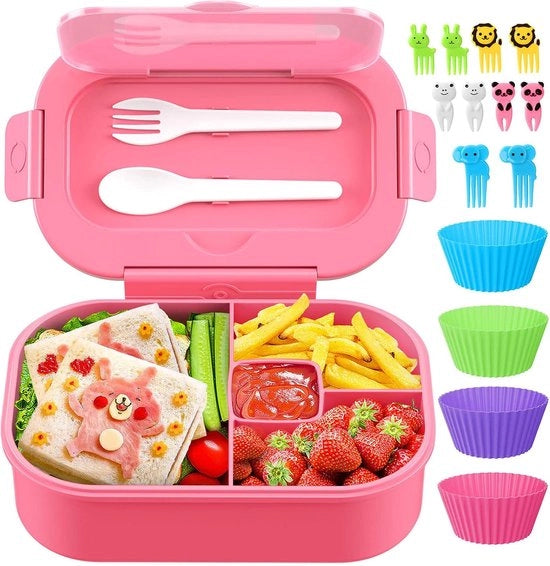 Bento Box, 44 oz con 4 compartimenti e utensili, adatto per bambini/ adulti/bambini in età prescolare, non pericoloso, resistente a microonde/ lavastoviglie/ congelatore, BPA-free (rosa)