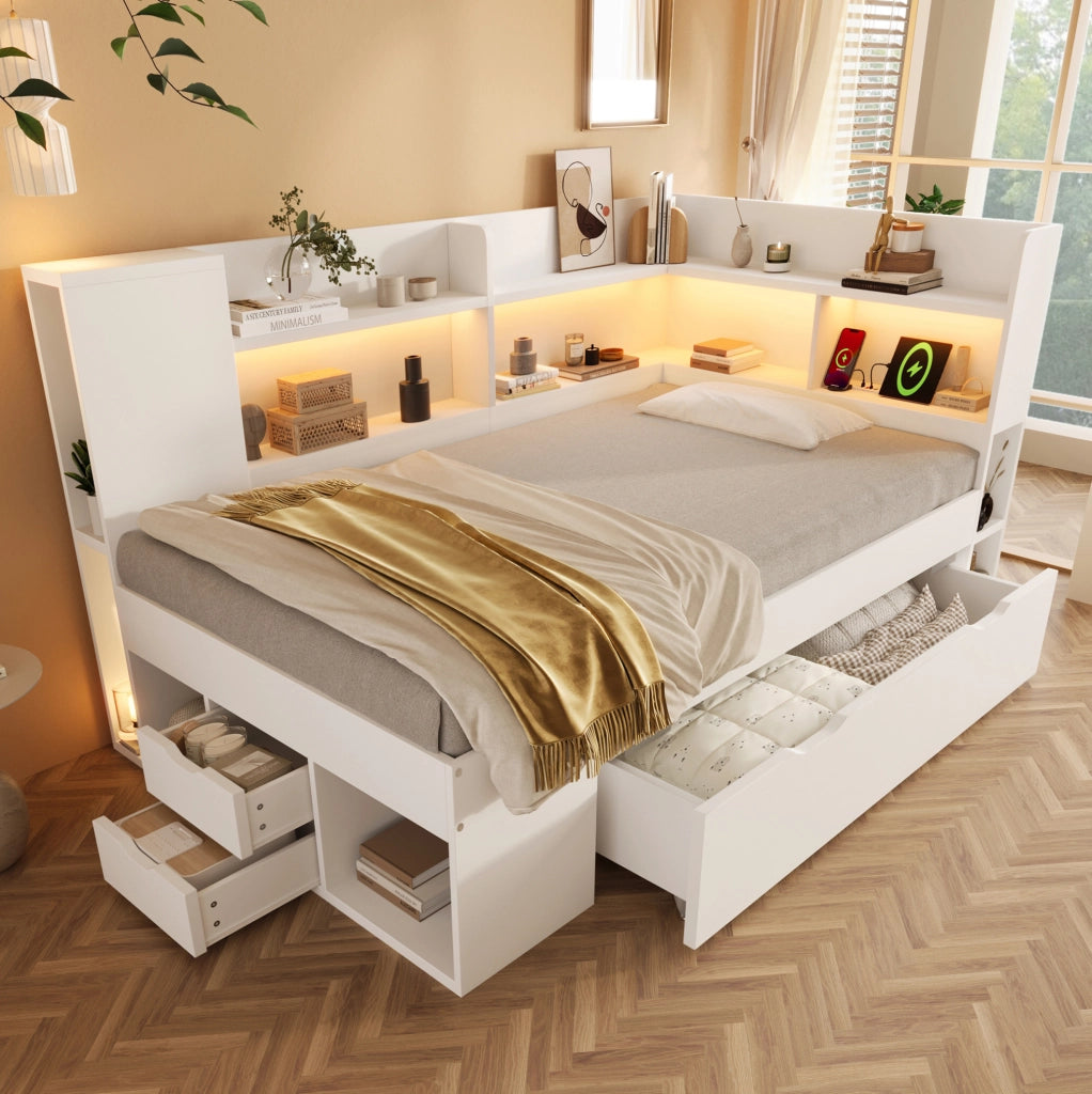 Letto singolo 90x200 con LED, USB-C, cassetti e mensole