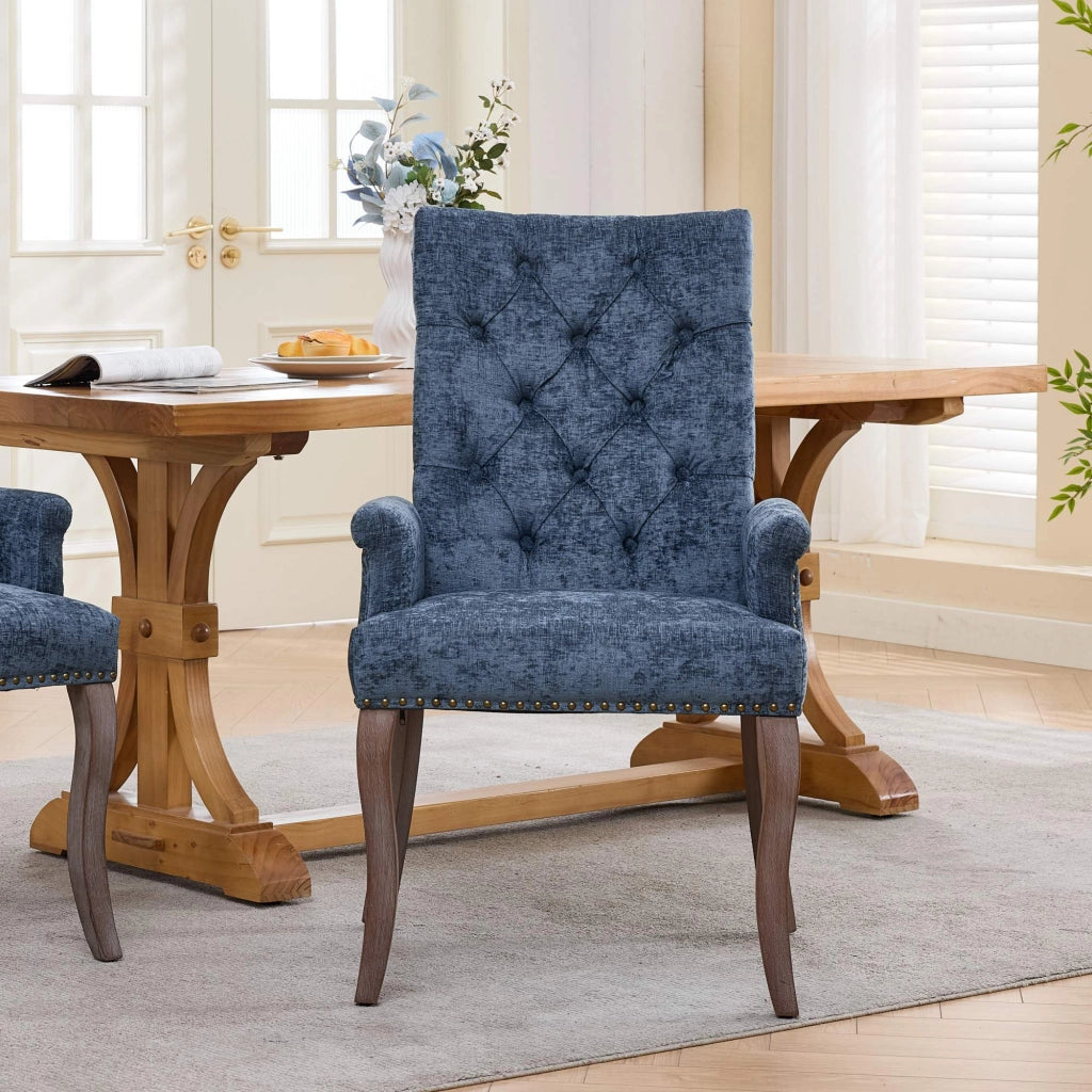 Sedia da pranzo, venduta singolarmente, tessuto chenille, gambe in legno massello, con braccioli, blu