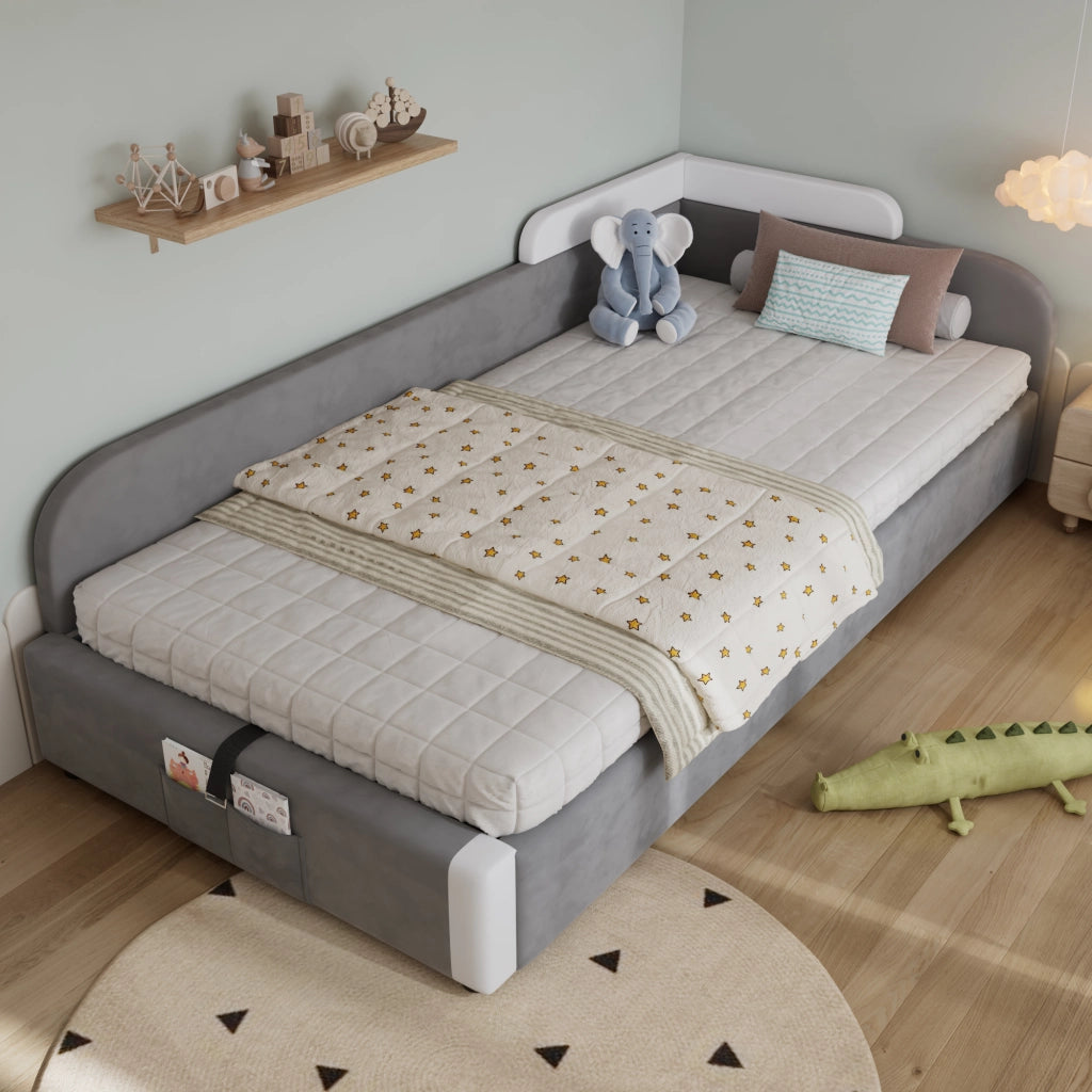 Letto Contenitore per Bambini 90 x 200 cm; Letto Singolo - Sponda Imbottita e Tasca