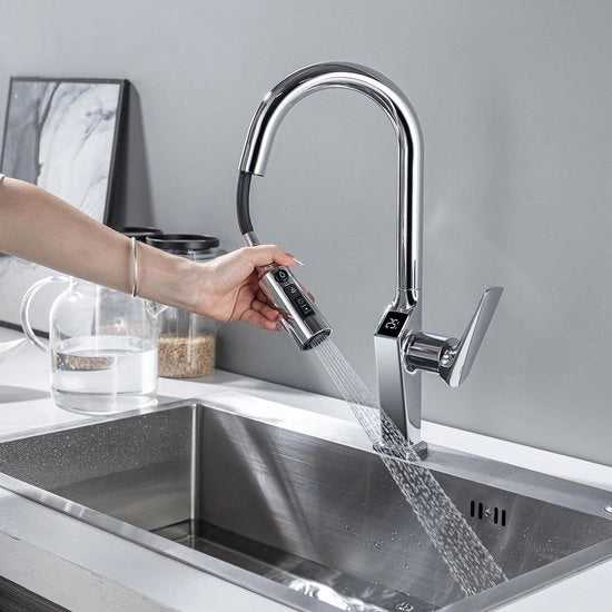 Filtro acqua 3 vie con rubinetto esterno, con display temperatura LED, 3 in 1 rubinetto per filtro acqua, rubinetto cucina girevole 360°, finitura chromata
