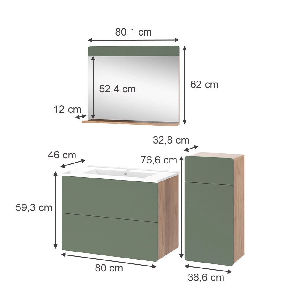 Vicco Set di mobili da bagno Goldkraft rovere/verde 4 pezzi con unità midi