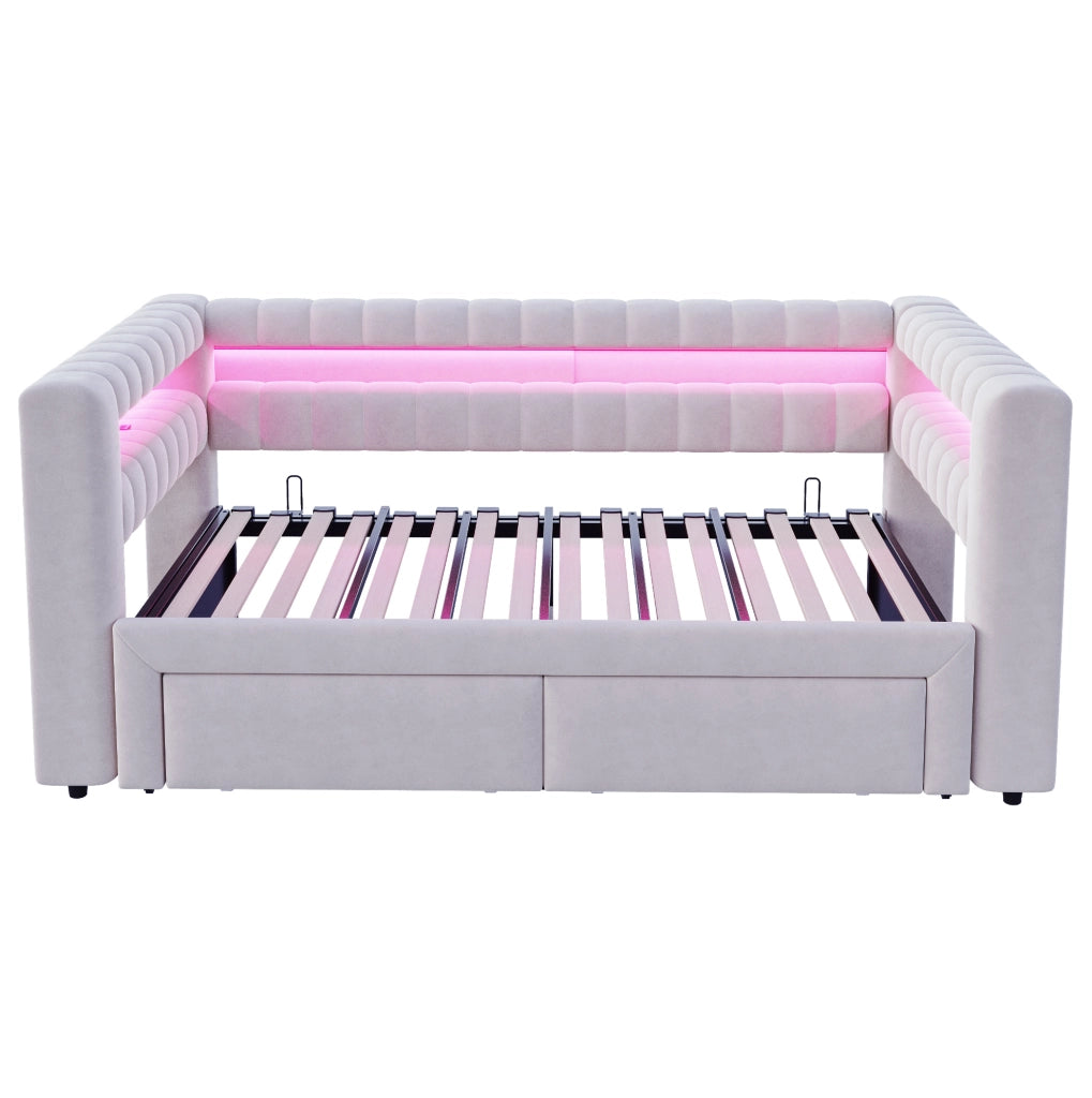 Divano letto ULEVR 90x190/180x190 cm estraibile con 2 cassetti, LED, USB e Type-C, velluto grigio chiaro
