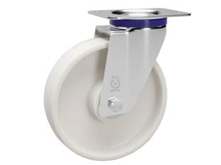 RUOTE IN POLIAMMIDE C/SUPPORTO INOX CON PIASTRA GIREVOLE 119- - ø mm.100x30 piastra mm.100x85 - mm.128h. p.kg150 - 1 pezzi AVO