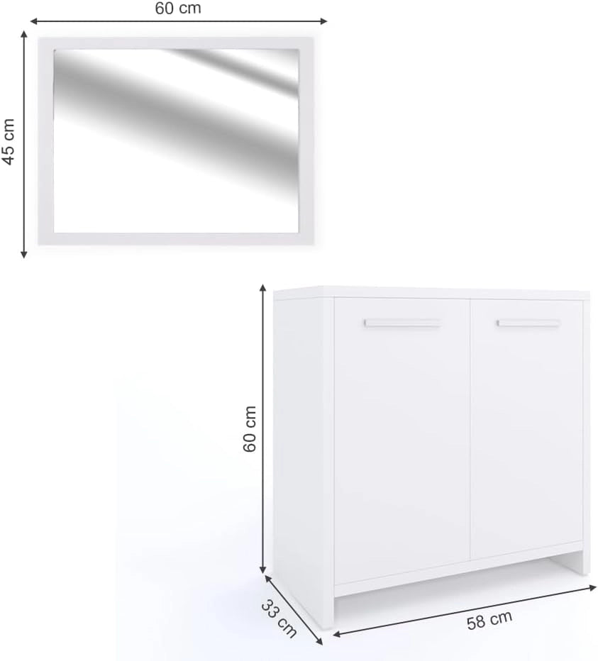 Set mobili bagno Kiko, Bianco, 58 cm, composto da specchio da bagno e mobile sottolavabo