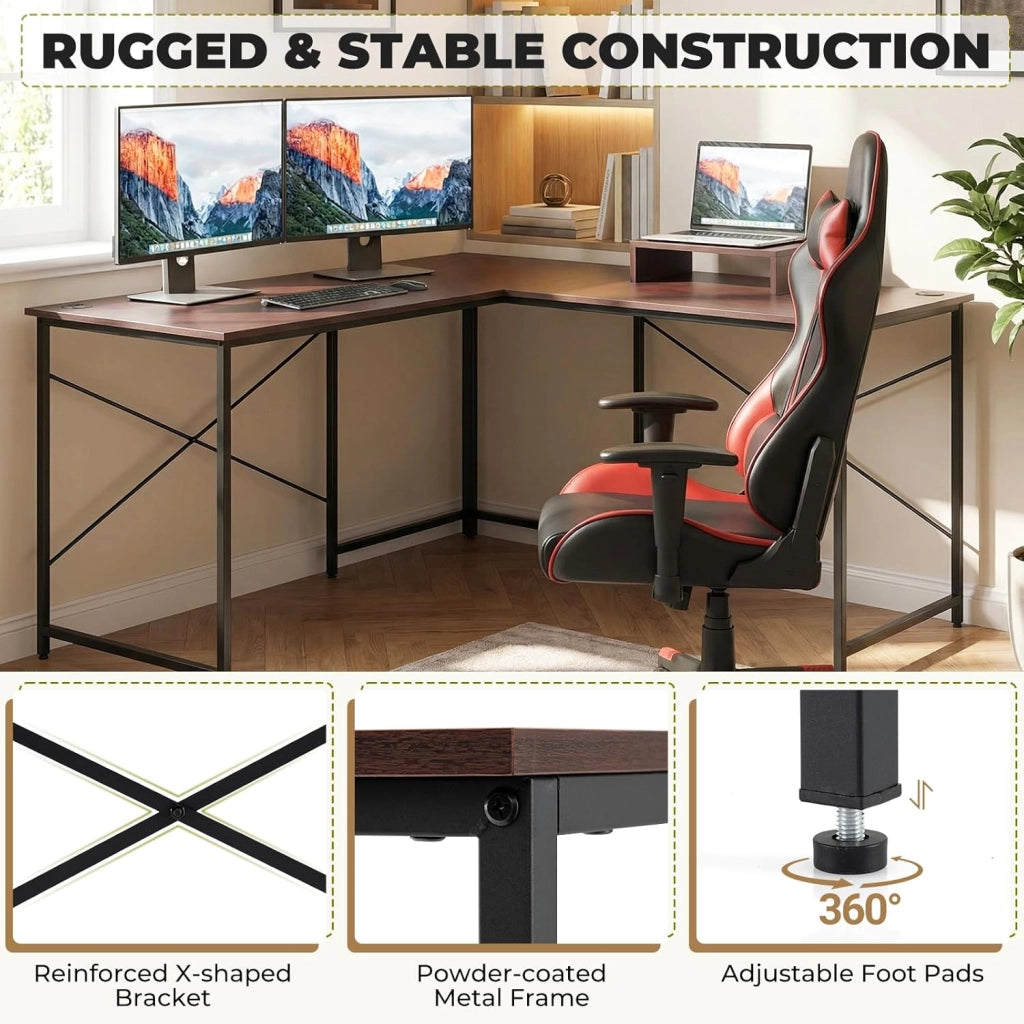 Scrivania per computer a forma di L, scrivania ad angolo convertibile con passacavi e supporto per monitor, 150 x 150 x 74,5 cm, tavolo da lavoro per ufficio, camera da letto (marrone, senza
