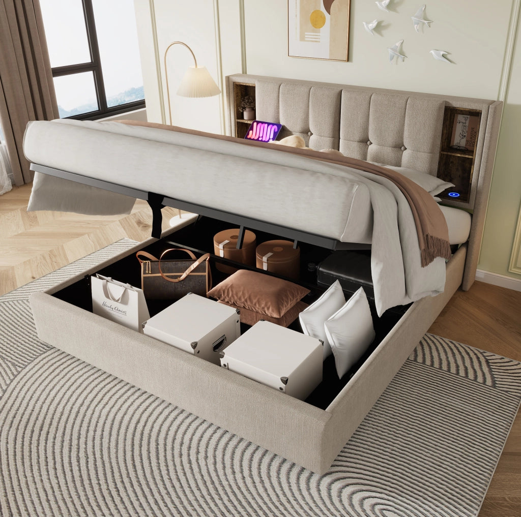 Letto matrimoniale imbottito 180x200 cm in lino naturale con ricarica wireless; USB e contenitore
