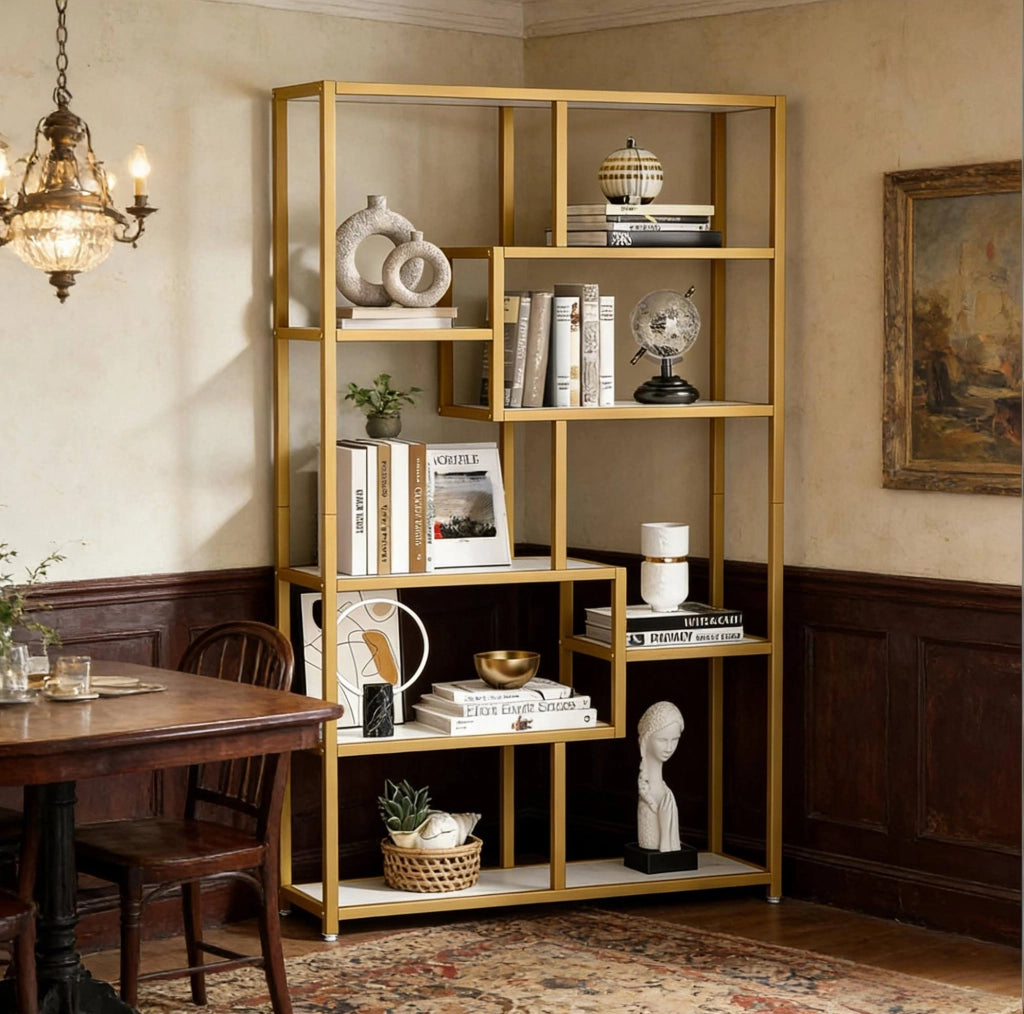 Libreria a 8 ripiani in metallo dorato e bianco 180x100x20 cm