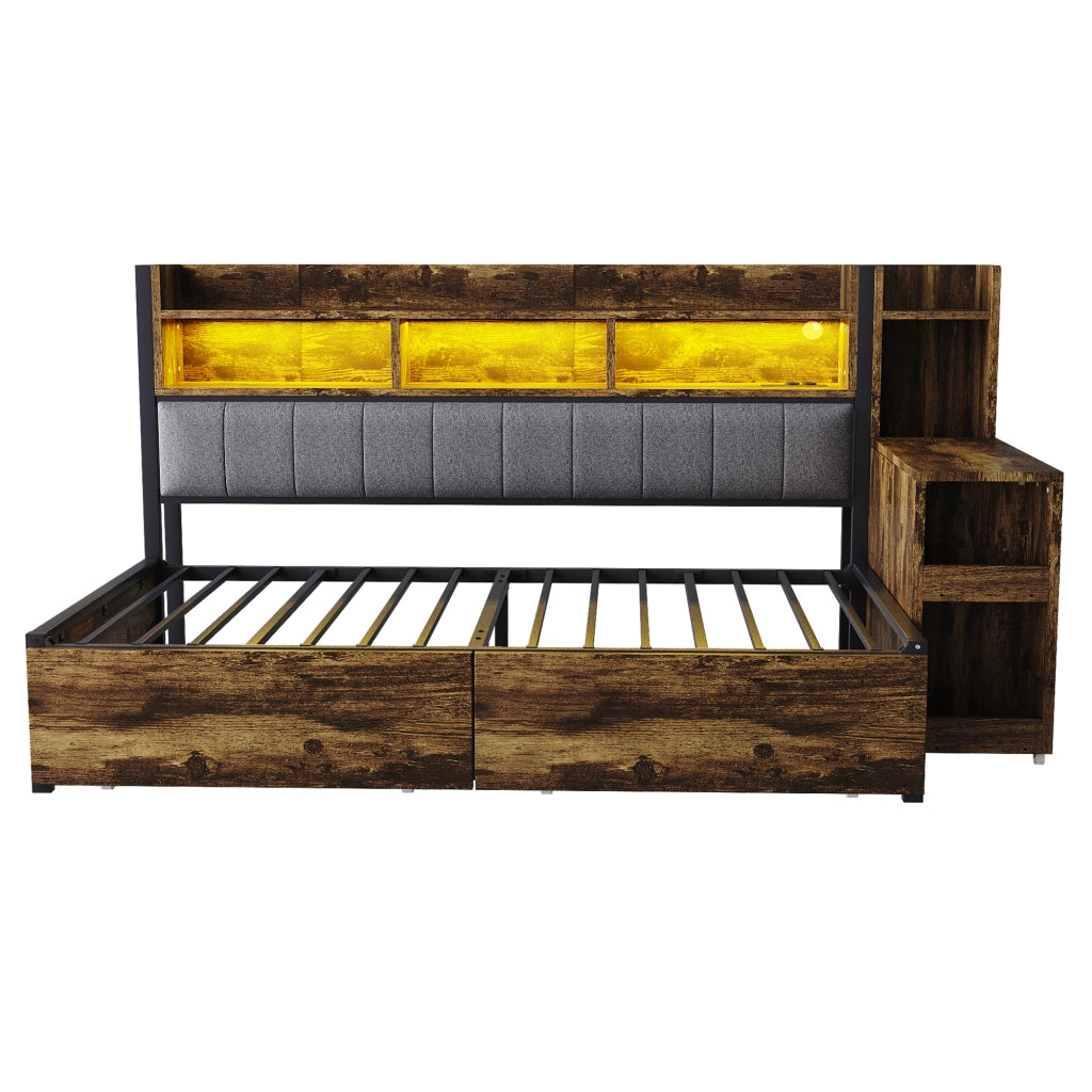 OKWISH Letto a Divano 90×200 cm, Letto Singolo con 2 Cassetti, Prese e LED, Scrivania Estraibile, senza Materasso, Legno Naturale