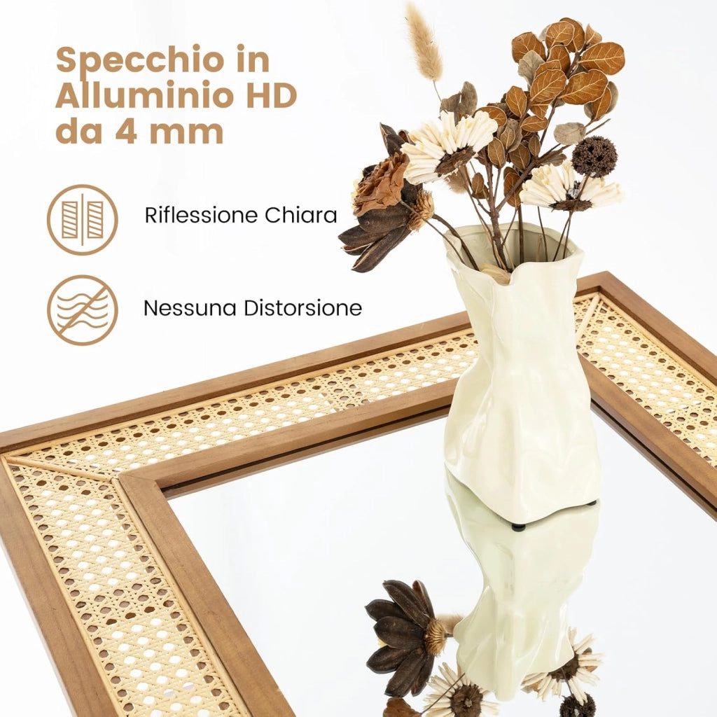 Specchio Rattan 90x60 cm, Decorativo Rettangolare con Cornice Legno, per Bagno/Soggiorno/Ingresso - Verticale/Orizzontale
