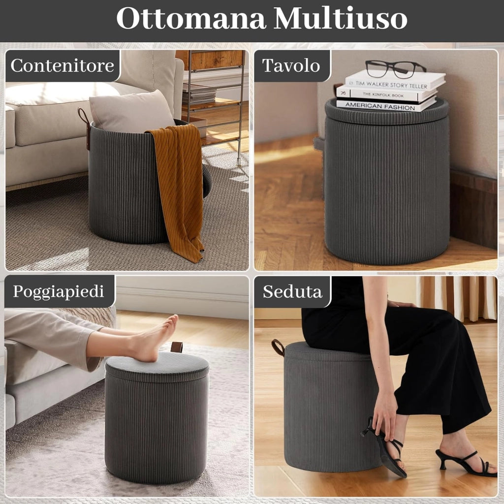 Set di 2 Pouf Contenitore in Velluto, Pouf Rotondi Imbottiti da 40L + 25L, Sgabelli con Contenitore per Soggiorno, Camera da Letto, Portata 150 kg (Grigio)