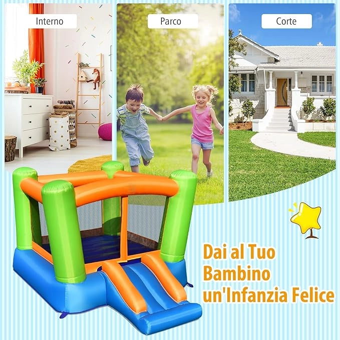 Castello Gonfiabile Per Bambini, Casa Gonfiabile con Grande Area per Saltare e Scivolo, Con Borsa di Trasporto e Kit Riparazione, Ideale Per 3 Bambini 3-10 Anni (Senza soffiatore)