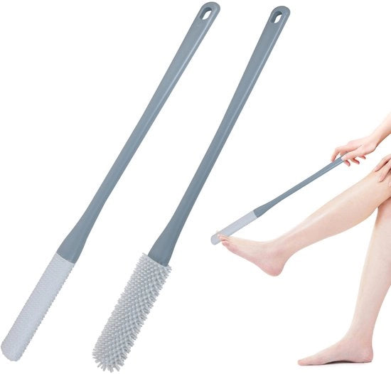 Borsetto a doppia testa in silicone, con anello per doccia, borsetto per piedi con setole in due misure, risciacquino per piedi con lunga maniglia, borsetto per doccia per piedi per anziani (grigio)