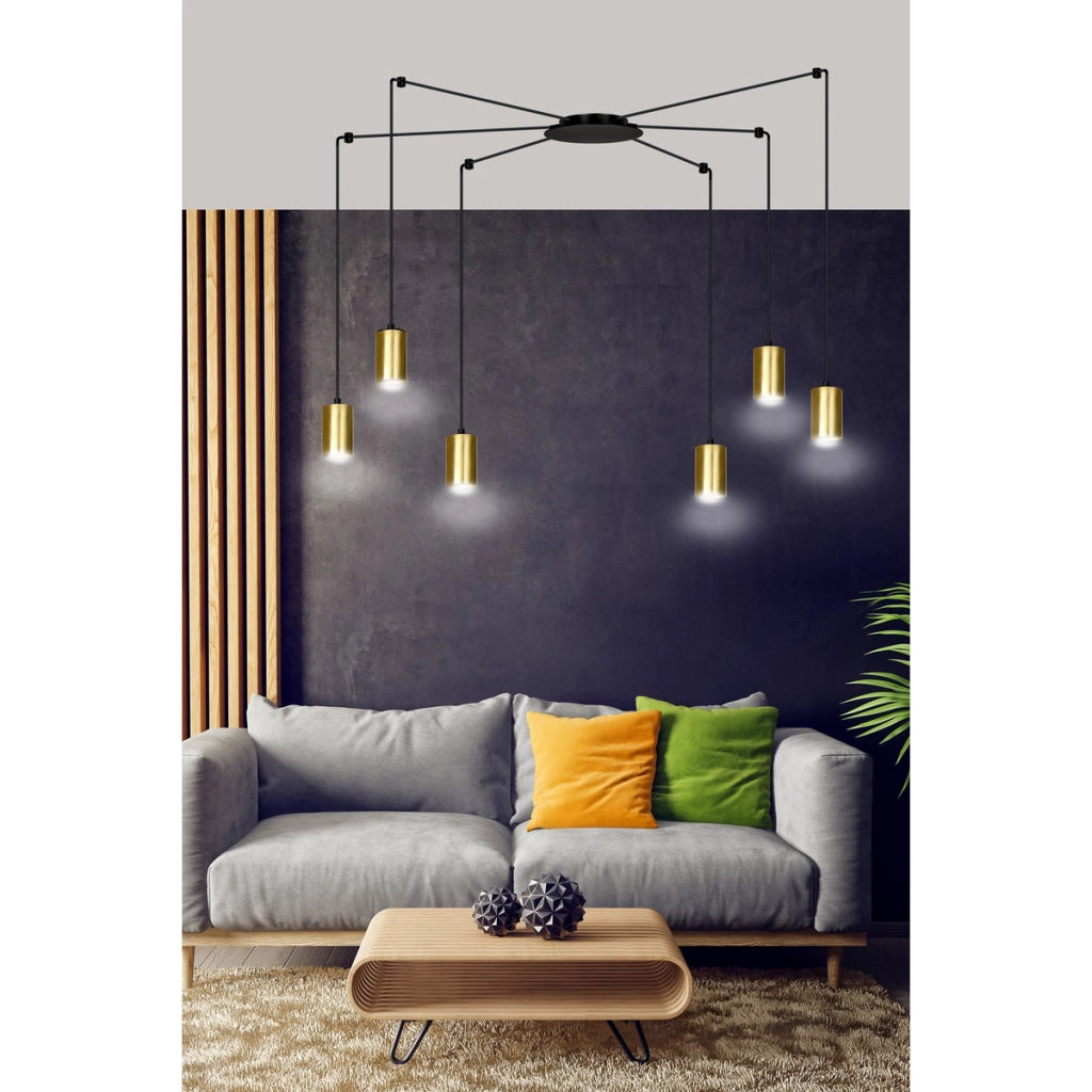 Lampada a sospensione Traker in acciaio nero opaco e oro