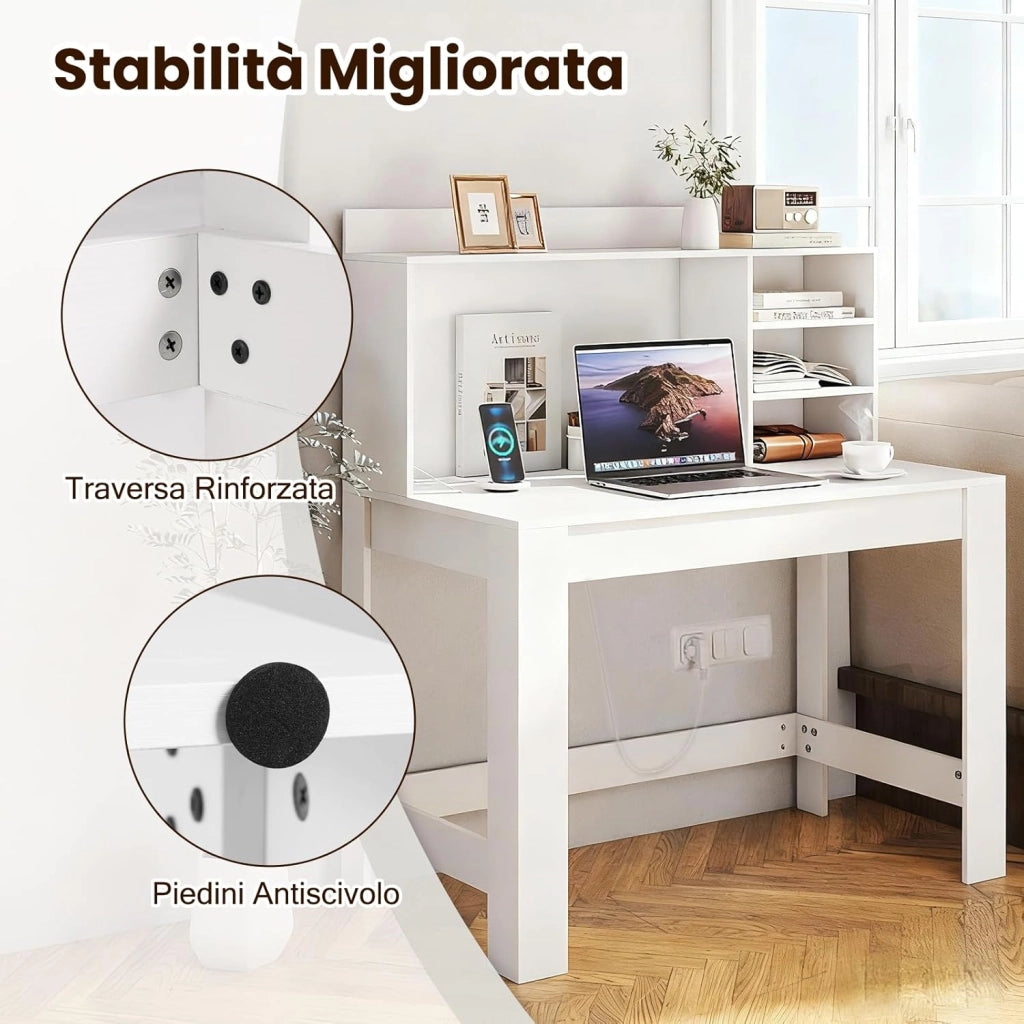 Scrivania per Computer con Libreria, Scrivania Salvaspazio in Legno con Stazione di Ricarica e Foro per Cavi, Scrittoio Moderno per Ufficio, Soggiorno e Studio, 108 x 60 x 125 cm (Bianco)