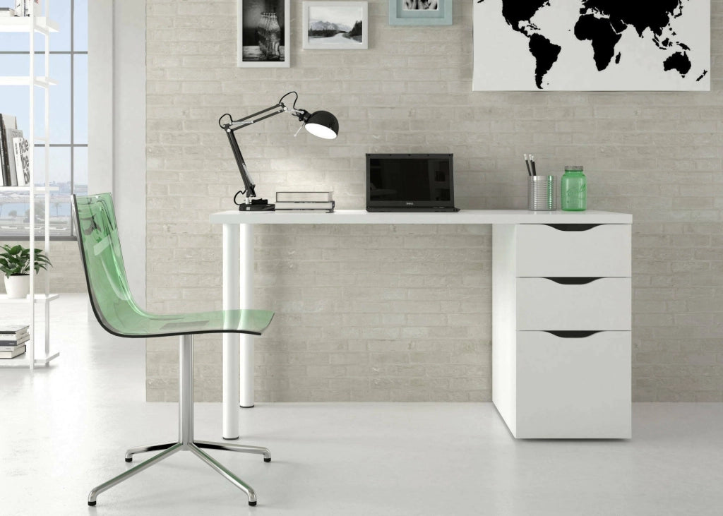 Scrivania Abol, Scrittoio da ufficio reversibile, Tavolo da studio con cassettiera a 2 cassetti e 1 anta, cm 138x60h74, Bianco