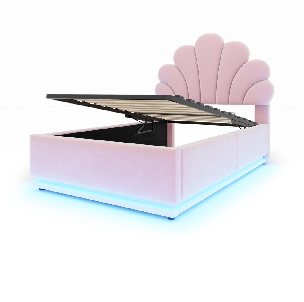 Letto imbottito contenitore 90 x 200 cm rosa con LED e testiera a fiore