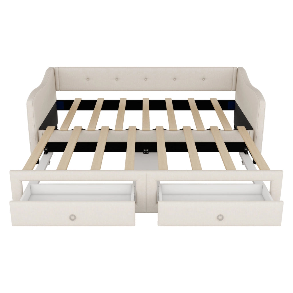 OKWISH Letto a Scomparsa 90×200 cm, Letto Singolo con Letto Estraibile, 2 Cassetti e Spazio Contenitore, senza Materasso, Lino, Beige