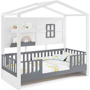 Letto montessori a terra con 2 ripiani e paracolpi-Letto a forma di casa con finestra e recinzione Bianco e Grigio