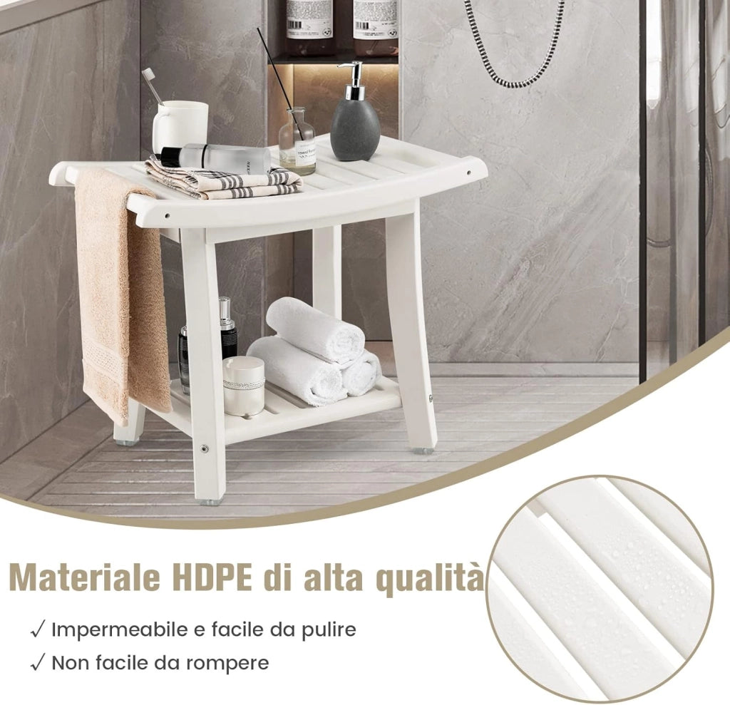 Panca da Doccia, Sgabello da Bagno Impermeabile con Sedile Curvo, con Portasciugamani e Piedini Antiscivoli, Panca Versatile con Ripiano, 60,5 x 34 x 48 cm