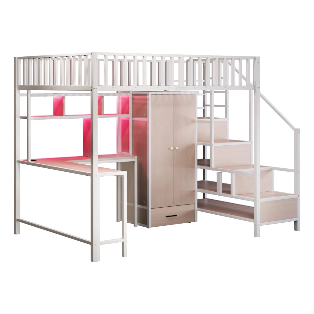 DESMIU Letto a soppalco 2 posti con scrivania, armadio, scaffali, USB e Type-C 140 × 200 cm senza materasso