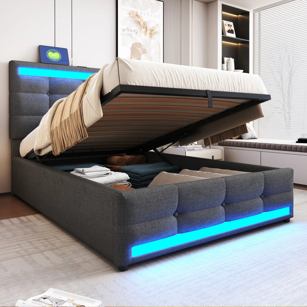 LETTO Imbottito 90x200 cm Grigio con LED RGB e porte USB