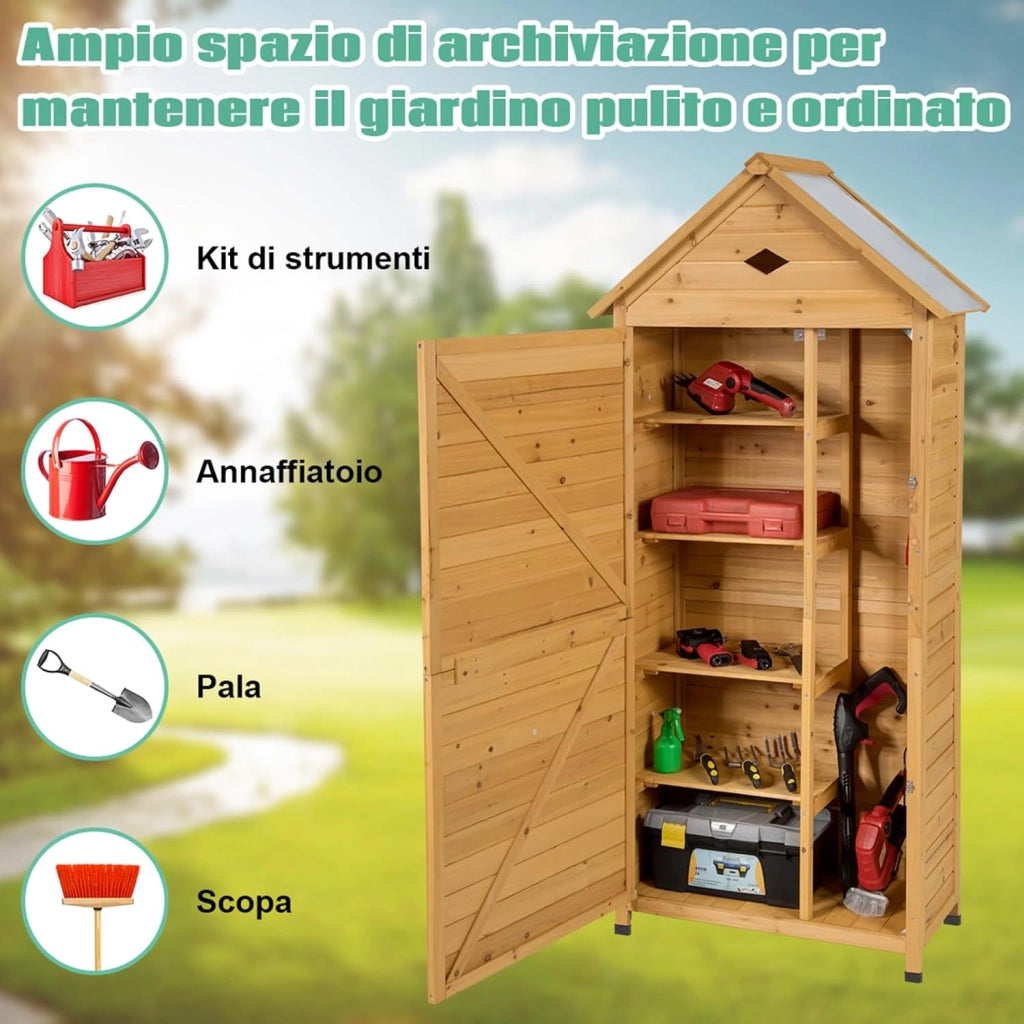 Armadio da Esterno, Casetta da Giardino in Legno con Tetto Galvanizzato Impermeabile, Mensole e Chiusura a Chiave, Ripostiglio da Balcone, Cortile e Giardino (70 x 45 x 160 cm)
